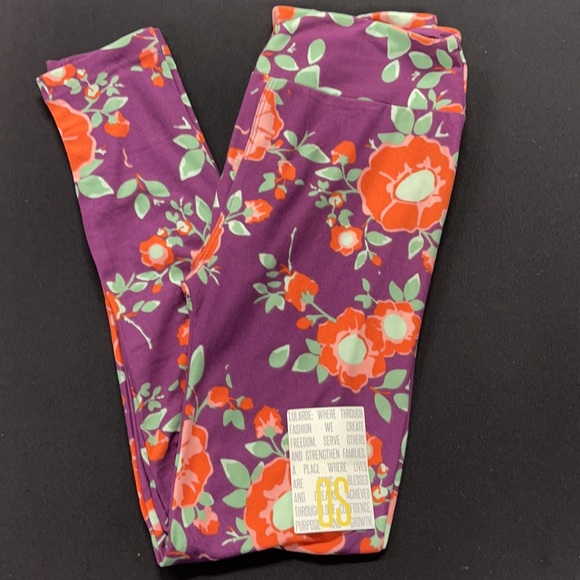 LuLaRoe New OS One Size Purple Floral Leggings NWT - Picture 5 of 6